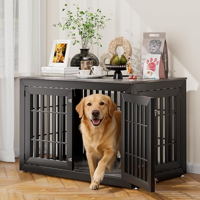 Snuowu 48" Heavy Duty Dog Crate Furniture for Small,Medium and Large Dogs,Rustic Wooden Dog Cage Kennel Indoor Furniture with Waterproof Top,Decorative Pet House Side End Table (Black & Grey)