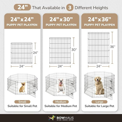 BOWHAUS Foldable Outdoor/Indoor Pet Playpen with Gate, Available in 24 Inch Height Metal Portable Kennel, Heavy-Duty Exercise Fence Cage 8 Panels for Small Dog, Animals