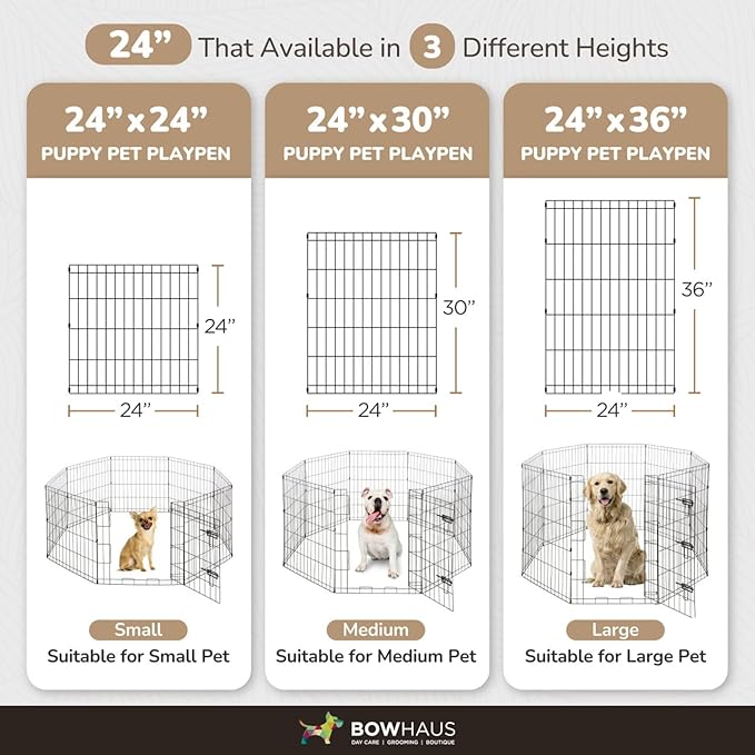 BOWHAUS Foldable Outdoor/Indoor Pet Playpen with Gate, Available in 30 Inch Height Metal Portable Kennel, Heavy-Duty Exercise Fence Cage 8 Panels for Medium Dog, Animals