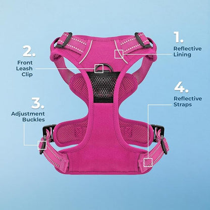Voyager Dog Harness Dual Leash Attachment No-Pull Control Adjustable Soft but Strong Pet Harness for Medium and Large Dogs with 3M Reflective Technology, Fuchsia Nylon, L (Chest: 25-30")