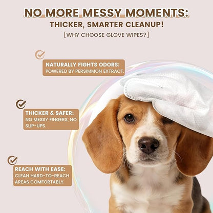 IMMHABI 50 Pcs Cleaning Deodorizing Pet Glove Wipes for Dogs & Cats, Hypoallergenic Dog Bath Wipes with Natural Deodorizer Persimmon Tannin, Pet Bathing Wipes for Horse Coat Care Coconut Scent