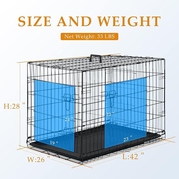 Dopinmin Large Dog Crate 42 Inches Double Door Pet Crate Folding Metal Wire Dog Cage with Divider Panel Leak-Proof Plastic Pan Indoor Outdoor Pet Crates for Medium and Large Breed Pet Animals Black