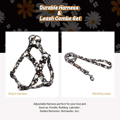 QQPETS Dog Harness Leash Set Adjustable Heavy Duty No Pull Halter Harnesses for Small Medium Large Breed Dogs Back Clip Anti-Twist Perfect for Walking (M(19"-26" Chest Girth), White Daisy)