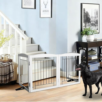 ZJSF Freestanding Dog Fence Indoor, Foldable Dog Gate for Doorways, Stairs or Hallways, Sturdy Wood Extra Wide Pet Gate with Support Feet for The House, White, 24 "Height-4 Panels