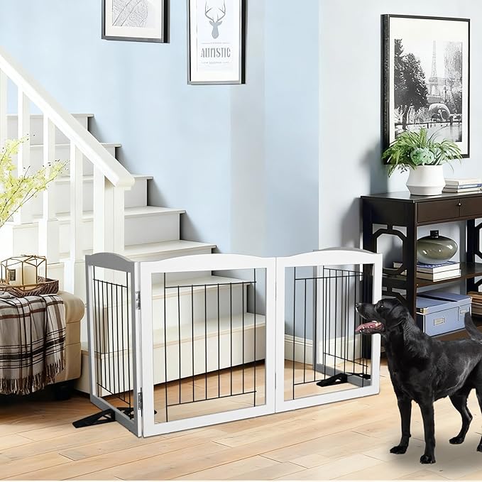 ZJSF Freestanding Dog Fence Indoor, Foldable Dog Gate for Doorways, Stairs or Hallways, Sturdy Wood Extra Wide Pet Gate with Support Feet for The House, White, 24 "Height-2 Panels