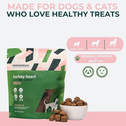 Momentum Carnivore Nutrition Freeze-Dried Turkey Heart Dog Treats & Cat Treats – Single-Ingredient, High-Protein, Grain-Free, Lean & Easily Digestible – Made in USA – 3 oz Bag