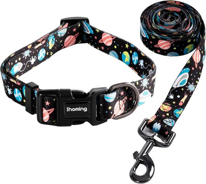 Ihoming Dog Collar and Leash Set for Daily Outdoor Walking Running Training, Space Design for Large Boys Girls Dogs Cats Pets, L-Up to 80LBS