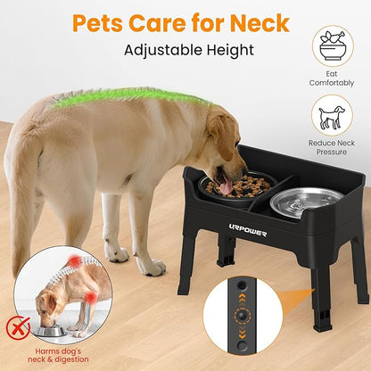 URPOWER 3-in-1 Elevated Dog Bowls - Mess Proof Double Deck 4 Height Adjustable Raised Stand with 2 Stainless Steel Food Bowls & Licking Plate for Small, Medium & Large Dogs