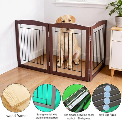 ZJSF Freestanding Foldable Dog Gate for House Extra Wide Wooden Brown Puppy Gate Stairs Dog Gates Doorways Tall Pet Gate 24 "Height 3 Panels Pet Fence
