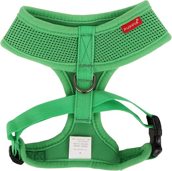Puppia Soft Dog Harness No Choke Over-The-Head Triple Layered Breathable Mesh Adjustable Chest Belt and Quick-Release Buckle, Green, Small