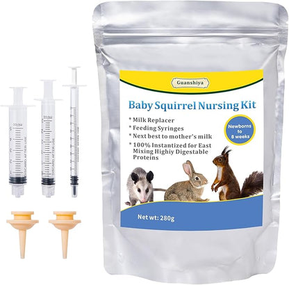 Baby Squirrel Feeding Kit,280 g Milk Replacer for Squirrel, Rabbit, Opossum, with Feeding Syringes,100% Instantized for Mixing Digestible Proteins