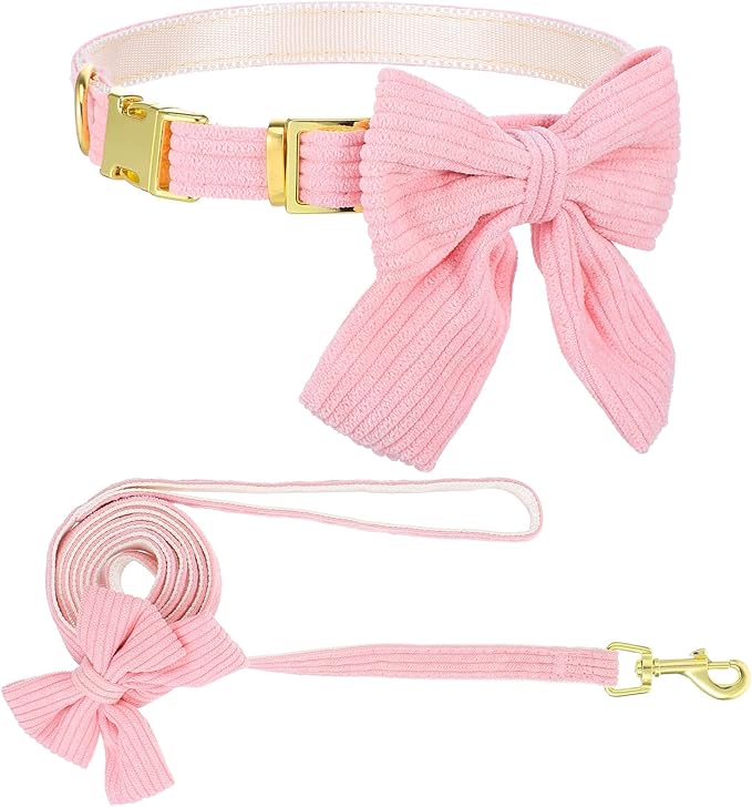2pcs Dog Collar and Leash Set with Bowtie Cute Small Dog Collar Harness Leash Set Adjustable Breathable Soft Padded for Small Medium Puppy Dogs Metal Buckle Pink S