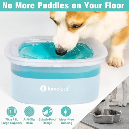 LumoLeaf No Spill Water Bowl for Dogs, Slow Feeder for Messy Drinkers, Drip-Free & Splash-Proof Design (Blue, 70oz).