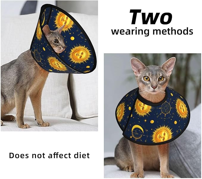 Soft Cat Cone Collar, Meet 998 Boho Chic Art Golden Sun Moon and Stars Over Blue Black Sky, Adjustable, Protective, After Surgery Recovery
