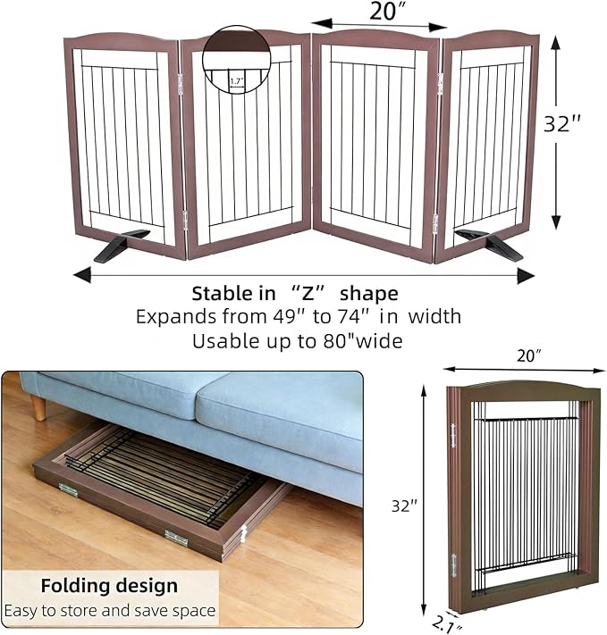 ZJSF Freestanding Dog Fence Indoor, Foldable Dog Gate for Doorways, Stairs or Hallways, Sturdy Wood Extra Wide Pet Gate with Support Feet for The House, Brown, 32 "Height-4 Panels