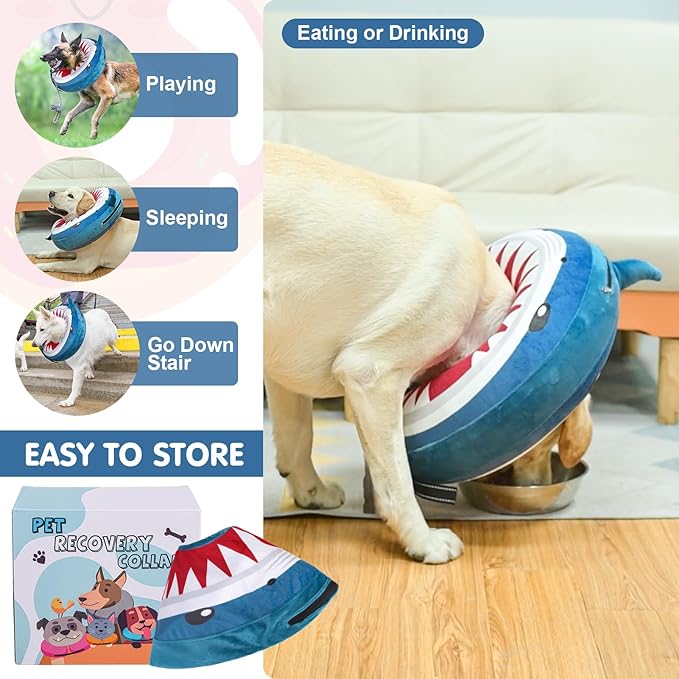BEAUTYZOO Dog Cone Alternative After Surgery for Large Medium Small Dogs, Soft Inflatable Cone Collar for Dogs Cats, Neck Donut E Collar Dog Recovery Collar to Stop Licking, Shark Blue, XL