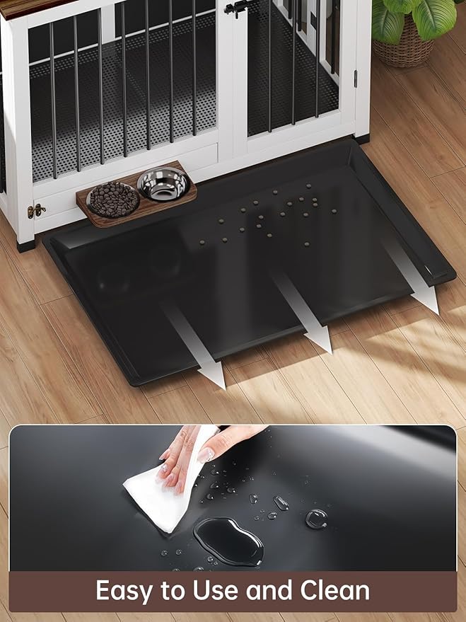 39.4" Dog Crate Furniture - Sturdy Dog Kennel with 360° Rotating Feeder & Removable Tray, Wooden End Table for Living Room, Dog Cage for Small & Medium, White