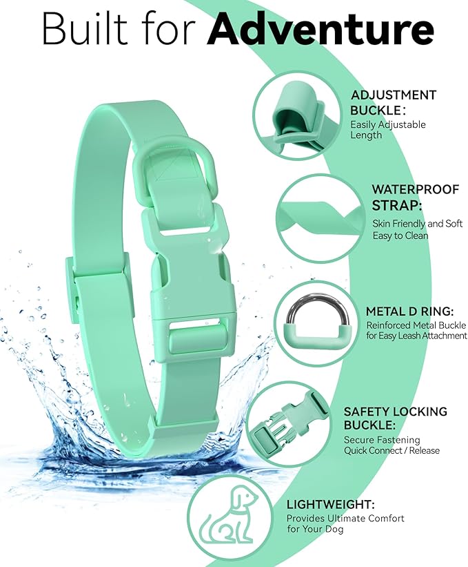 Waterproof Dog Collar, Rubber Adjustable Collars with Quick Release Buckle, Odor-Resistant, Easy to Clean Pet Collars for Small Medium or Large Dogs (Turquoise, L 15.4-24.8 inch)