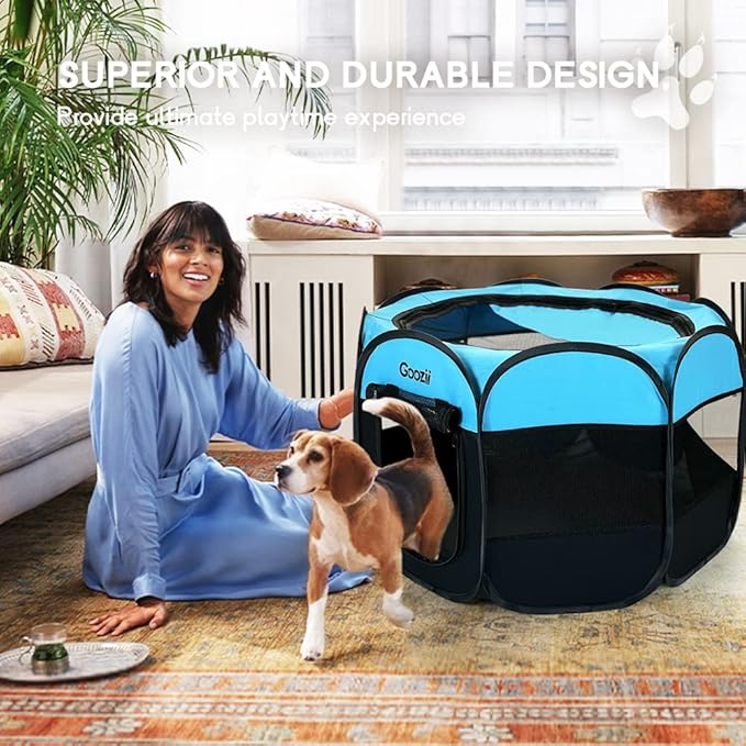 GOOZII Dog Playpen Portable Collapsible, Indoor Outdoor Pet Puppy Exercise Playpens Case with Zipper Door Top Cover Floor for Large Cat Rabbit Travel Camping (Small Size, Black/Blue)