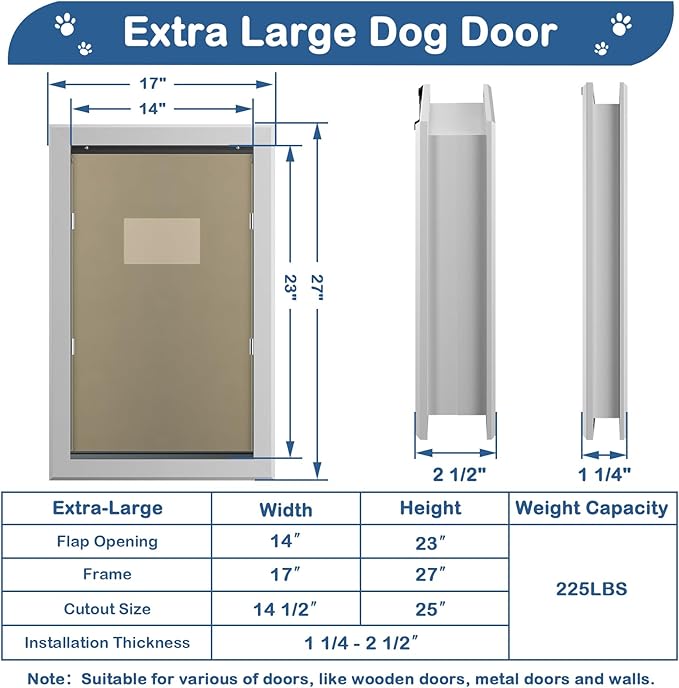 Extra Large Dog Door, XL Dog Door with 2 Self-Closing Insulated Flaps for Extreme Weather, Heavy Duty Aluminum XXL Dogs Doors for Pets Up to 230LBS, for Interior & Exterior Doors, X-Large, Sliver