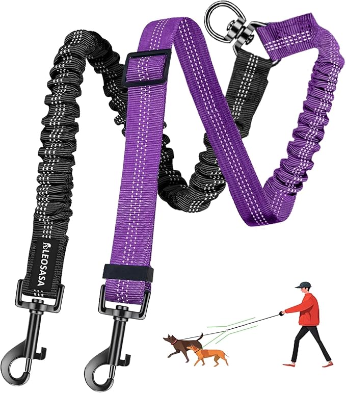 Double Dog Leash - 360°Swivel Tangle Free Splitter Attachment, 2 Dogs Multi-Functional Leashes, Dual Rope for Outdoor Walk Train Small Medium Large Two Pet, Purple