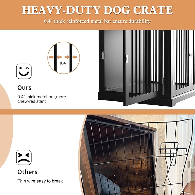 PUPETPO Large Dog Crate Furniture, Wooden Dog Kennel with Cushion, Dog Crate End Table Large, Indoor Dog Kennel, Modern Decorative Dog Crates with Flip Top, Chew-Proof Metal Bars, Black