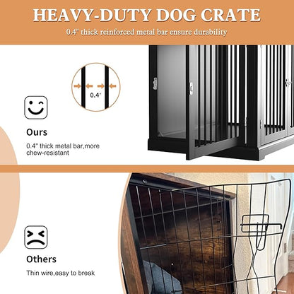 PUPETPO Large Dog Crate Furniture, Wooden Dog Kennel with Cushion, Dog Crate End Table Large, Indoor Dog Kennel, Modern Decorative Dog Crates with Flip Top, Chew-Proof Metal Bars, Black