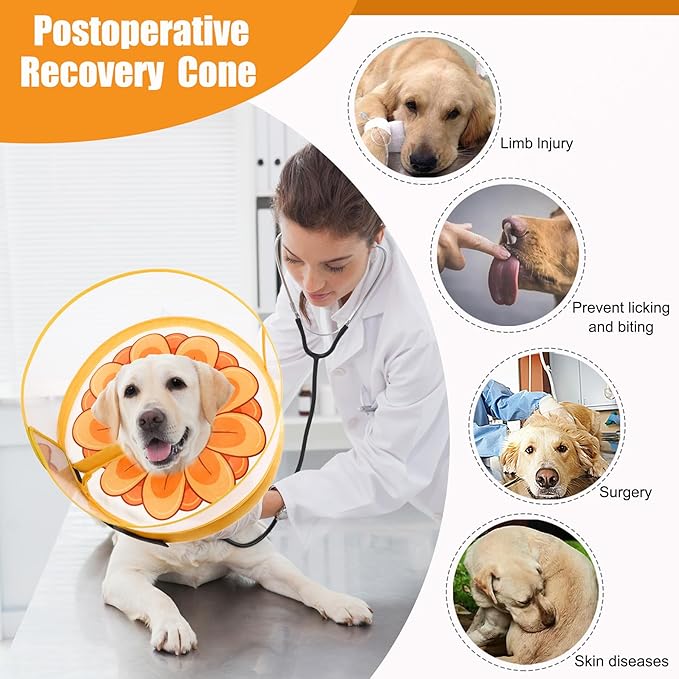Inflatable Dog Cone Collar with Enhanced Anti-Licking, Soft Neck Donut for Dogs Cats, Recovery Pet Cone Collar After Surgery for Large Medium Small Dogs (Yellow Flower, Large)