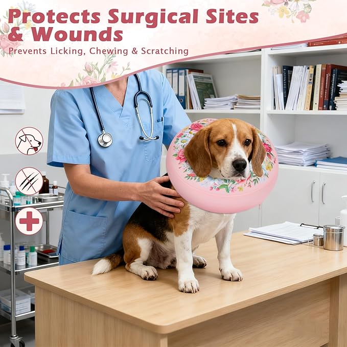 IEUUMLER Inflatable Recovery Dog Cone Collar, Neck Donut Protective ECollar, Adjustable Soft Collar for Dog and Cat After Surgery Prevent from Biting & Licking EU020 Floral Wreath L