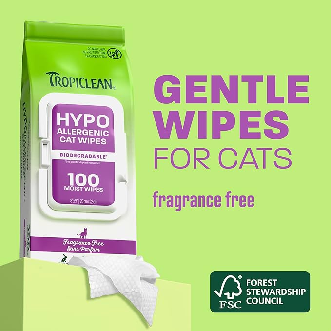 TropiClean Hypoallergenic Cat Wipes, Unscented, Essential Cat Grooming Supplies, Kitten Safe, Grooming Wipes for Cleaning Fur, Made in USA, 100ct