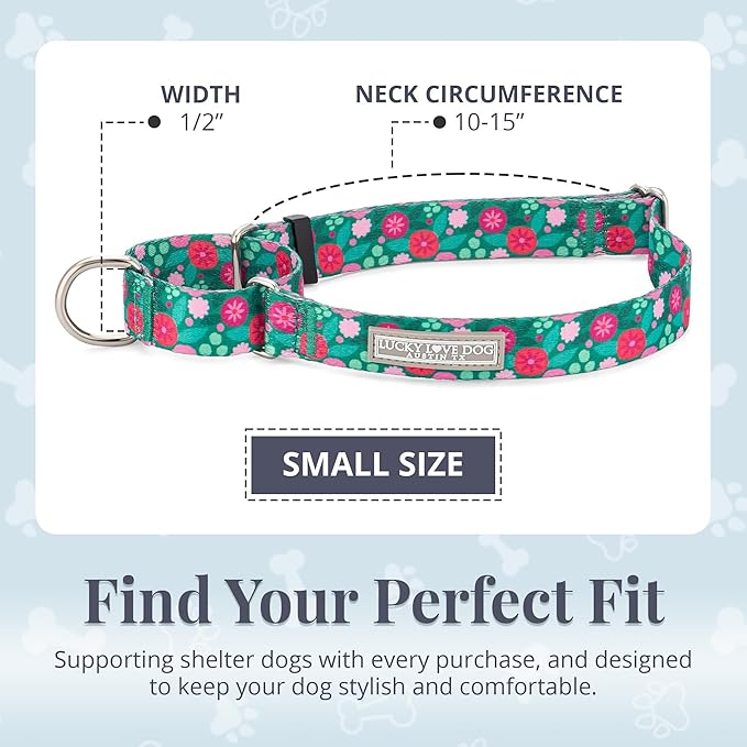 Lucky Love Dog Martingale Dog Collar - Adjustable, No-Slip, Durable, & Soft Webbing Collar for Male and Female Dogs Ideal for Training & Walking - Penny, Small