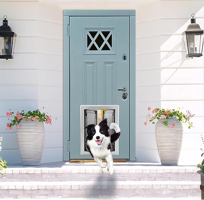 44/54cm Wide Dog Door for Wall, Auto Closing Indoor Pet Gate for Bedrooms/Kitchens/Entryway, Aluminum Alloy Frame with Plastic Doors Panel(Up to 30kg)