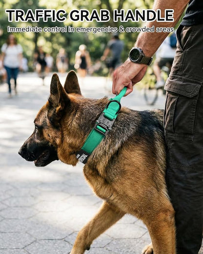 Joytale Tactical Dog Collar with Handle and Metal Buckle, Heavy Duty Padded Military Collar with 2 Patches for Training, Adjustable for Large Dogs, Teal, L