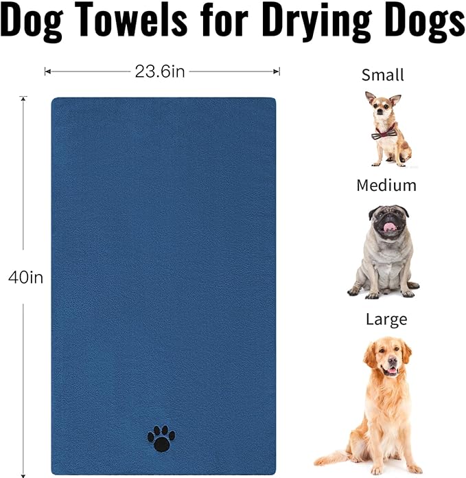 Puomue Microfiber Dog Towels for Drying Dogs, Super Absorbent and Soft Pet Grooming Towel, 40 Inch X 23.6 Inch, Perfect for Large, Medium or Small Dogs, Blue