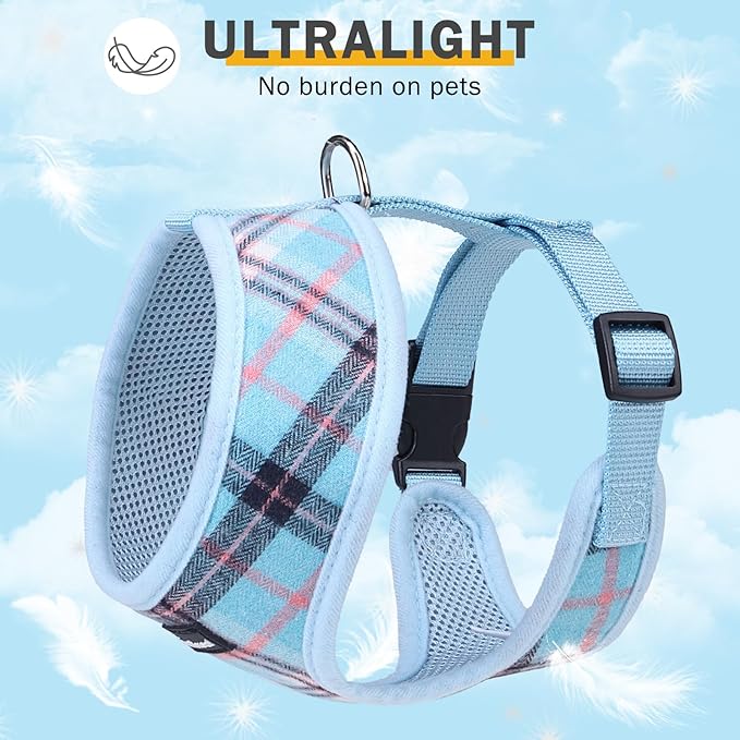 SCENEREAL Puppy Dog Harness with Leash Set for Small Medium Sized Dogs, Soft Mesh Pet Harnesses and Leash, No Chock Plaid Adjustable No Pull Vest for Dogs Cats, Chihuahua,Bulldog (Blue S)