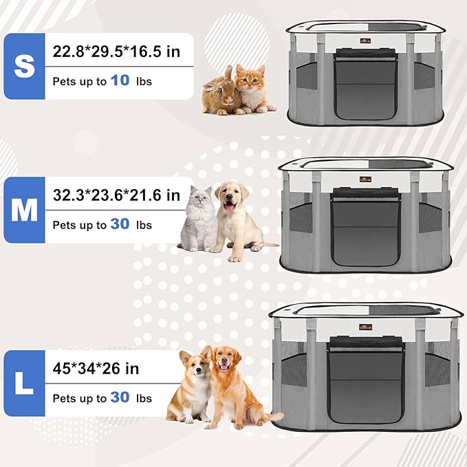 Dog Playpen, Pet Playpen, Foldable Kitten cage Puppy Play Pen, Portable Dog Kennel Tent Crate, Indoor Outdoor Travel Camping Use for Small Animals with Carrying Case (Grey M)