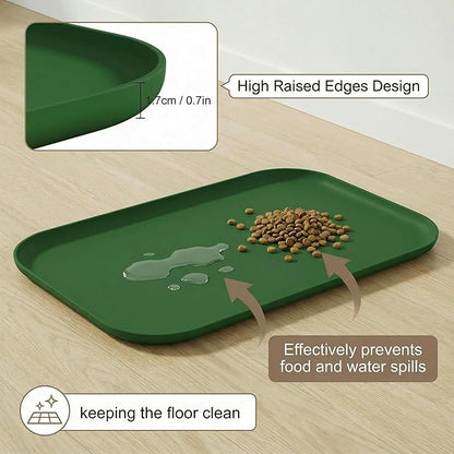BLESWIN Non-Slip Silicone Dog Food Mat for Food and Water, 18" x 12" Raised Edge Pet Feeding Mat - Waterproof Dog Bowl Mat Easy Clean for Floor Protector,Dark Green