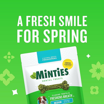 Minties Dental Chews for Dogs, 20 Count, Vet-Recommended Mint-Flavored Dental Dog Treats for Medium Sizes 25-50 lbs, Bones Clean Teeth, Fight Bad Breath, and Removes Plaque and Tartar