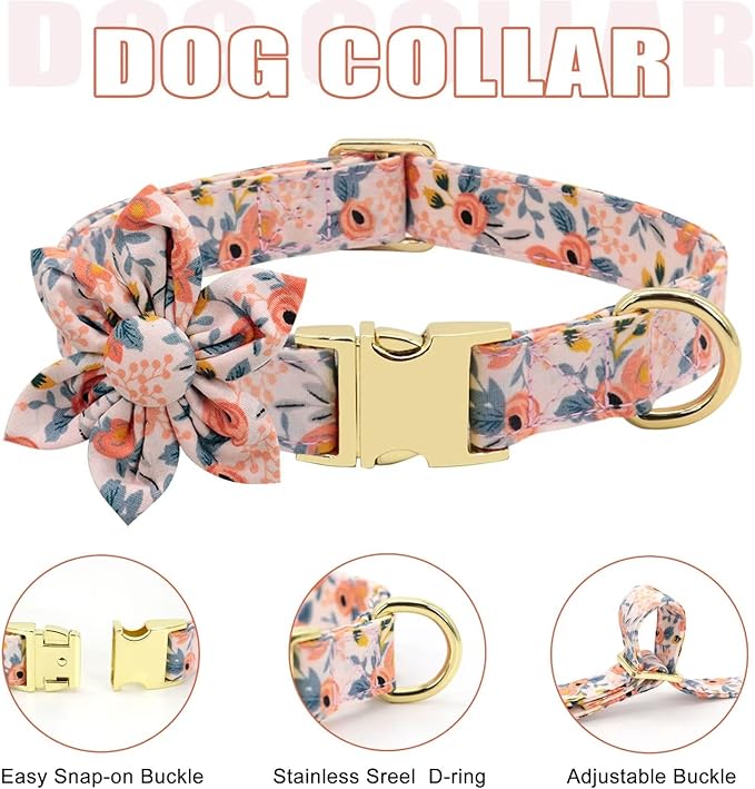 Beirui Cute Girl Dog Collars, Harnesses & Leashes Set - Adjustable Dog Collar and Leash Set with Flower - Soft Mesh Dog Vest Harness for Puppies Small Medium Dogs (Orange,M)