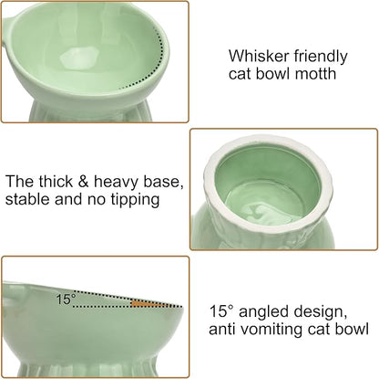 Elevated Cat Food Bowl,8 Oz Ceramic Raised and Tilted Water Bowl,Anti Vomiting and Protect Pets Spines Dishes for Fat Faced Cat, Indoor Cats,Kitten,Small Dog (Green)