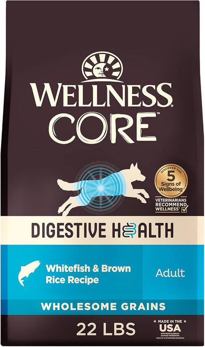 Wellness CORE Digestive Health Adult Dry Dog Food, Wholesome Grain Kibble, Sensitive Stomach, Natural, High Protein, Chicken Free, Whitefish and Brown Rice Recipe, 22 lb Bag