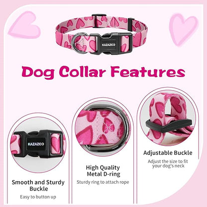 Kazazoo Dog Collar Cute and Soft Nylon Puppy Collar Girl, Adjustable Dog Collars for Small Medium Dogs, Hot Pink Heart-M