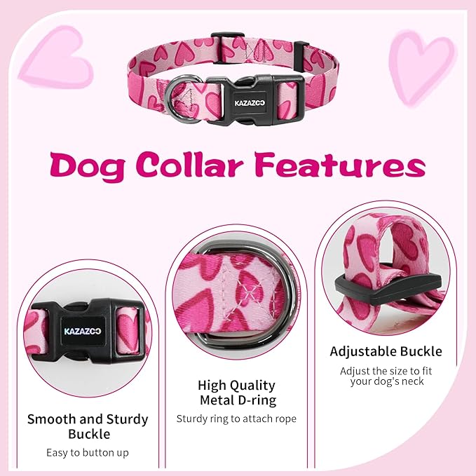 Kazazoo Dog Collar Cute and Soft Nylon Puppy Collar Girl, Adjustable Dog Collars for Medium Large Dogs, Hot Pink Heart-L