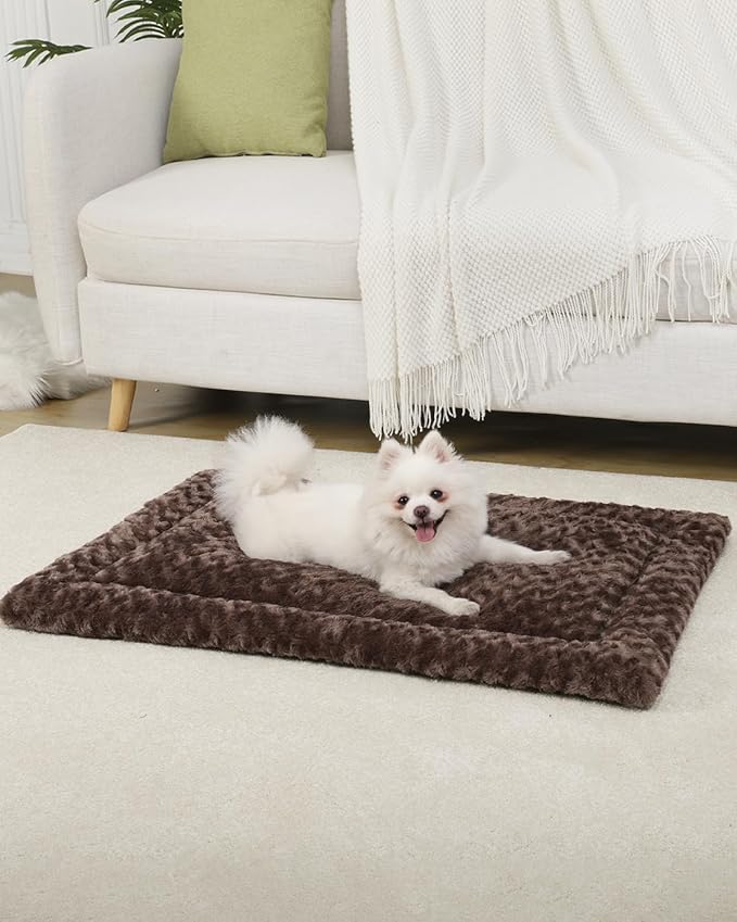 Washable Dog Bed Mat Reversible Dog Crate Pad Soft Fluffy Pet Kennel Beds Dog Sleeping Mattress for Large Jumbo Medium Small Dogs, 29 x 18 Inch, Brown