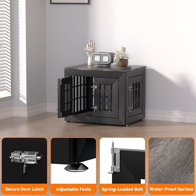 Snuowu 26" Heavy Duty Dog Crate Furniture for Small,Medium and Large Dogs,Rustic Wooden Dog Cage Kennel Indoor Furniture with Waterproof Top,Decorative Pet House Side End Table (Black & Grey)
