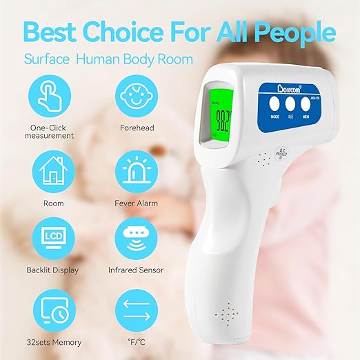Berrcom Infrared Forehead Thermometer, Digital Non-Contact Thermometers for Adults, Kids & Babies, 3-in-1 Fever Check Temperature Gun for Home Use