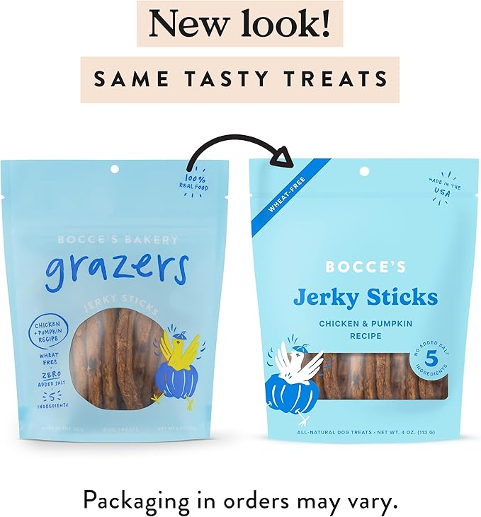 Bocce's Bakery Jerky Stick Dog Treats, Wheat-Free, Made with Limited-Ingredients, Baked in The USA with No Added Salt or Sugar, Natural & High-Protein, Chicken & Pumpkin, 4 oz
