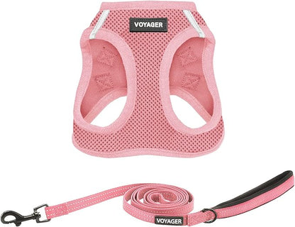 Best Pet Supplies Voyager Step-in Air All Weather Mesh Harness and Reflective Dog 5ft Leash Combo with Neoprene Handle, for Small, Medium and Large Breed Puppies - Set (Pink), XX-Small