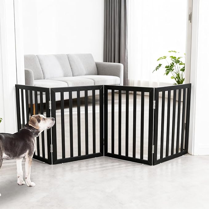 ZJSF Freestanding Indoor Dog Gate for House Foldable Wood Black Puppy Gate for Doorways Pet Gate for Stairs Extra Wide Pet Fence 24" Height 4 Panels