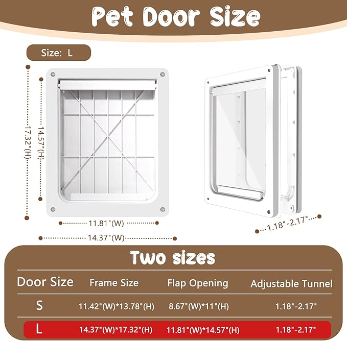 Never Rust Plastic Dog Door with Soft Clear Magnetic Flap and Snap-in Closing Panel, 15x18'' 2-Way Locking Pet Door for Doors and Walls up to 2.17'' Thick, Weatherproof Cat Door, Easy to Install (L)